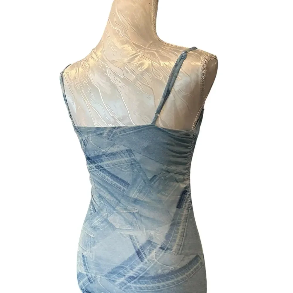 Good American Denim Print Stretch Midi Dress Ruched Coquette Size 1 - Picture 13 of 15